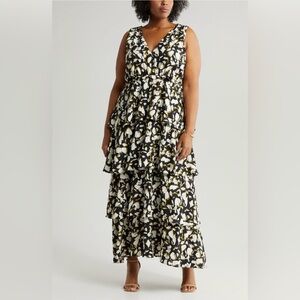 Chelsea28 Floral Print Sleeveless Tiered Ruffle Maxi Dress, Black, Size 4X